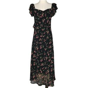 Whimsigoth Fairy Goth Black Floral Ruffle Maxi Dress Off Shoulder Coquette